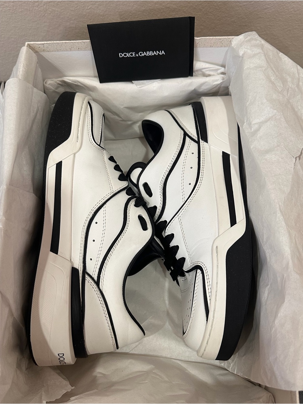 Dolce & Gabbana White and Black Low-Top Leather Sneakers